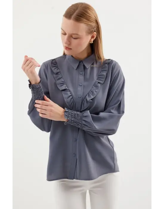 20223 Fırfırlı Uzun Kol Gömlek - Gri