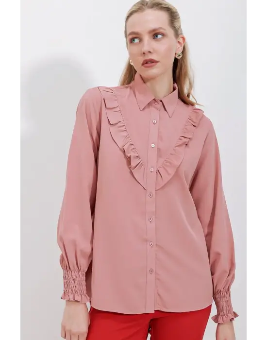Zarif Fırfırlı Uzun Kol Gömlek