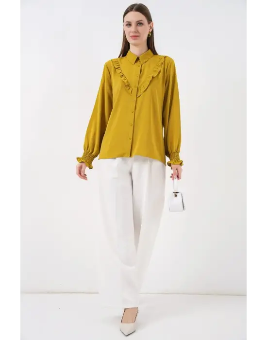 20223 Fırfırlı Uzun Kol Gömlek - Hardal