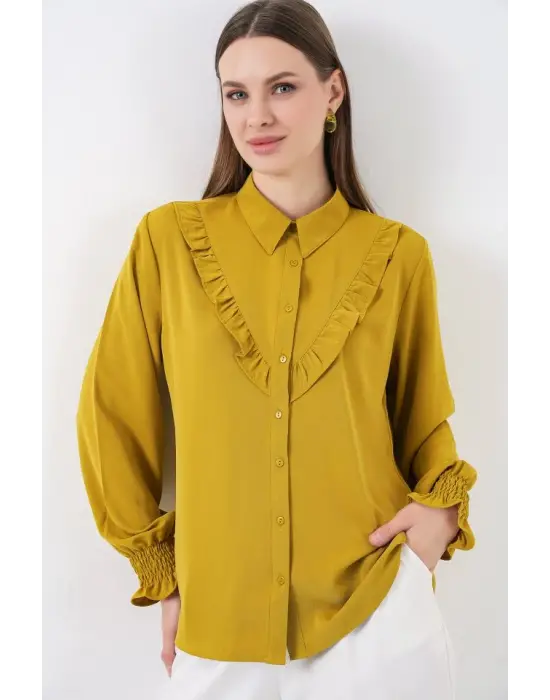 20223 Fırfırlı Uzun Kol Gömlek - Hardal