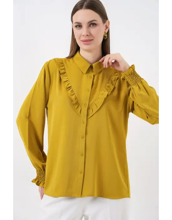 20223 Fırfırlı Uzun Kol Gömlek - Hardal