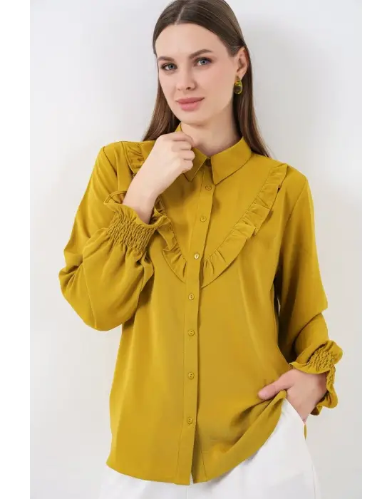 20223 Fırfırlı Uzun Kol Gömlek - Hardal