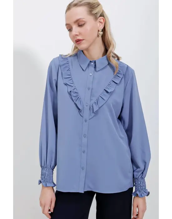 20223 Fırfırlı Uzun Kol Gömlek - İndigo