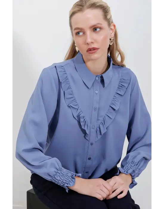 20223 Fırfırlı Uzun Kol Gömlek - İndigo