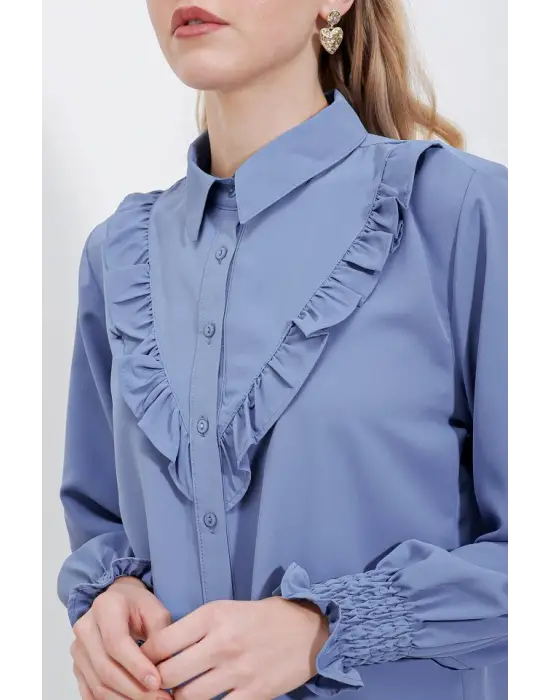 20223 Fırfırlı Uzun Kol Gömlek - İndigo