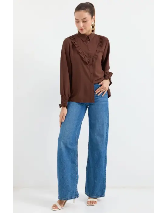 20223 Fırfırlı Uzun Kol Gömlek - Kahverengi