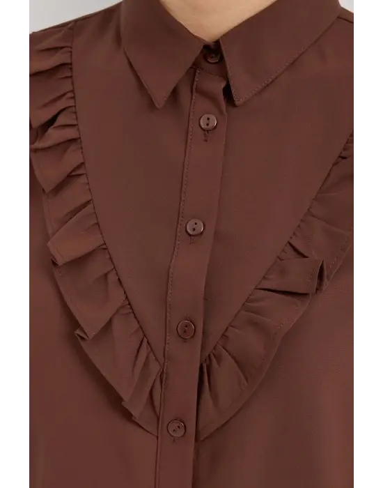 20223 Fırfırlı Uzun Kol Gömlek - Kahverengi
