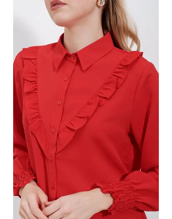 20223 Fırfırlı Uzun Kol Gömlek - Kırmızı