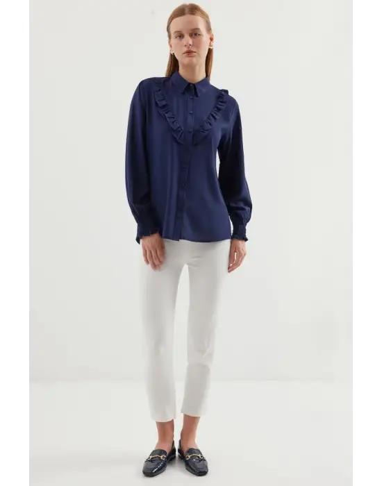 20223 Fırfırlı Uzun Kol Gömlek - Lacivert