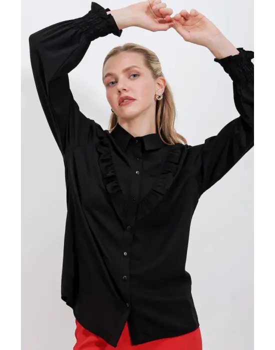 20223 Fırfırlı Uzun Kol Gömlek - Siyah