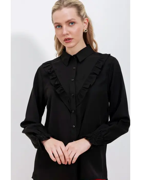 20223 Fırfırlı Uzun Kol Gömlek - Siyah