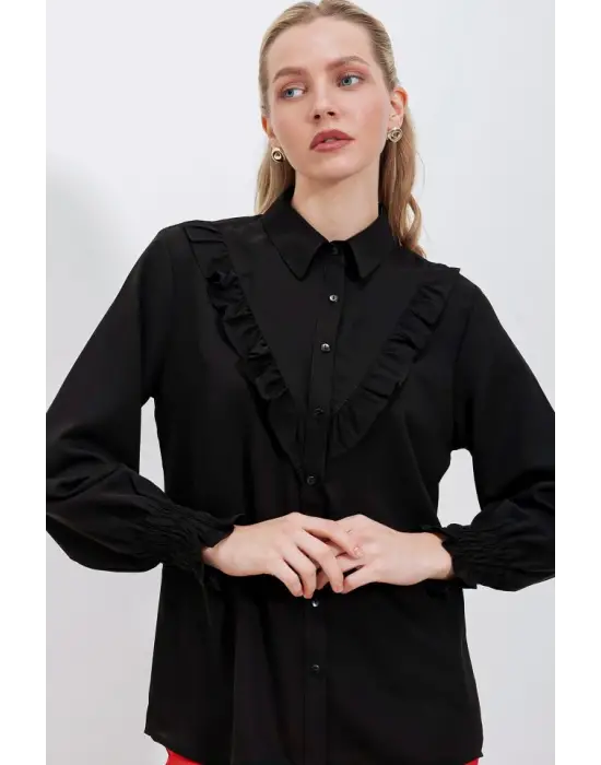 20223 Fırfırlı Uzun Kol Gömlek - Siyah