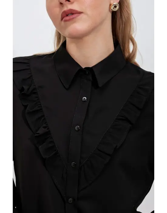 20223 Fırfırlı Uzun Kol Gömlek - Siyah