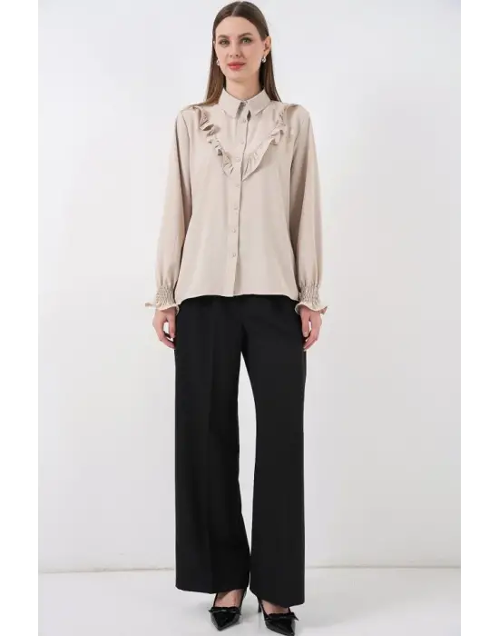 20223 Fırfırlı Uzun Kol Gömlek - Taş