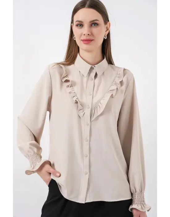 20223 Fırfırlı Uzun Kol Gömlek - Taş