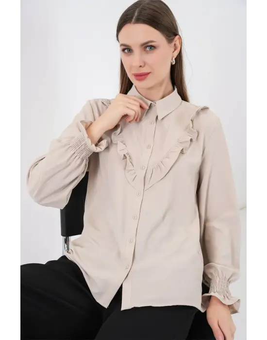 20223 Fırfırlı Uzun Kol Gömlek - Taş