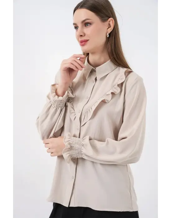 20223 Fırfırlı Uzun Kol Gömlek - Taş