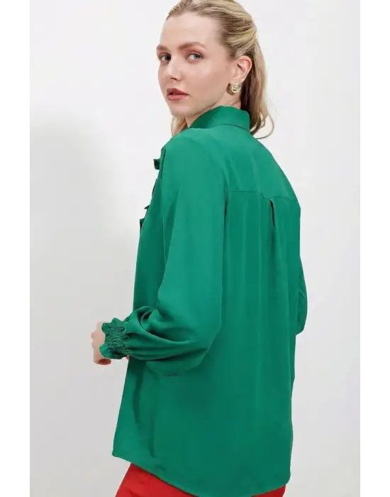 20223 Fırfırlı Uzun Kol Gömlek - Zümrüt Yeşili