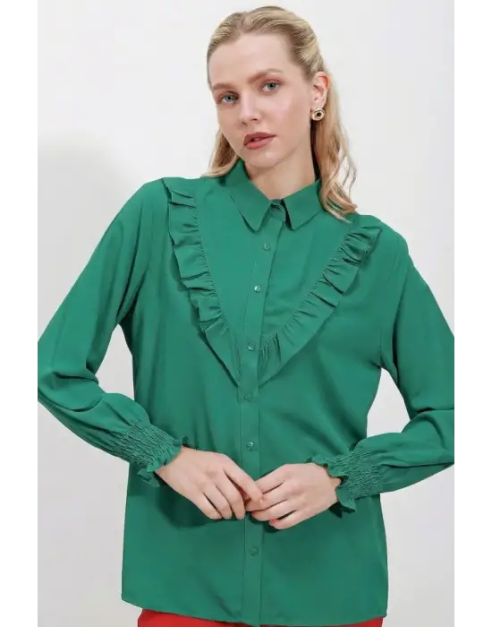 20223 Fırfırlı Uzun Kol Gömlek - Zümrüt Yeşili