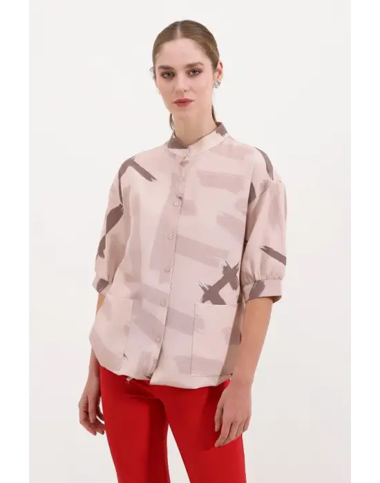 20226 Desenli Oversize Gömlek - Bej