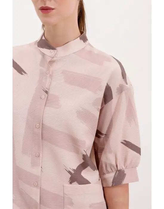 20226 Desenli Oversize Gömlek - Bej