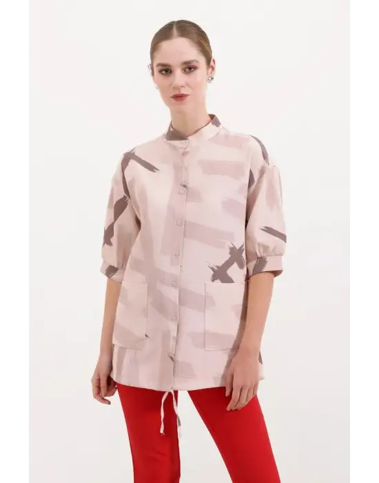 20226 Desenli Oversize Gömlek - Bej