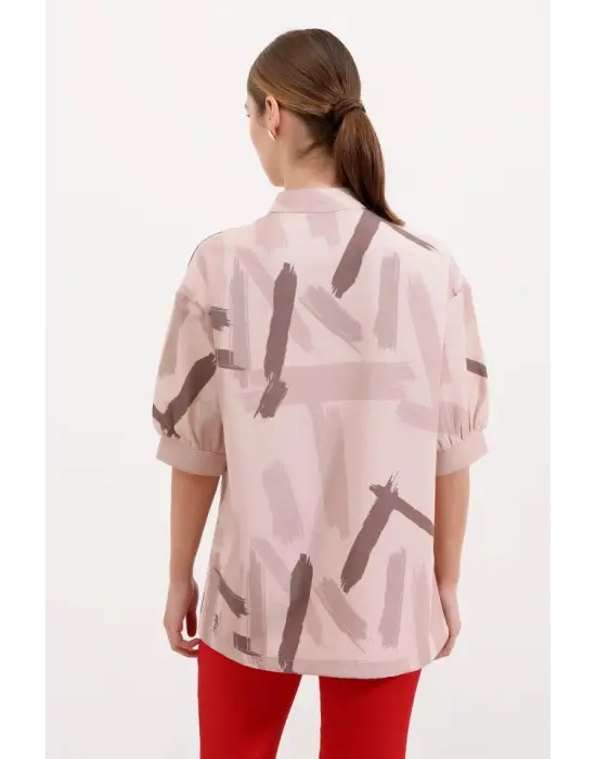 20226 Desenli Oversize Gömlek - Bej