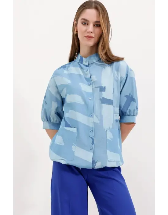 20226 Desenli Oversize Gömlek - Mavi