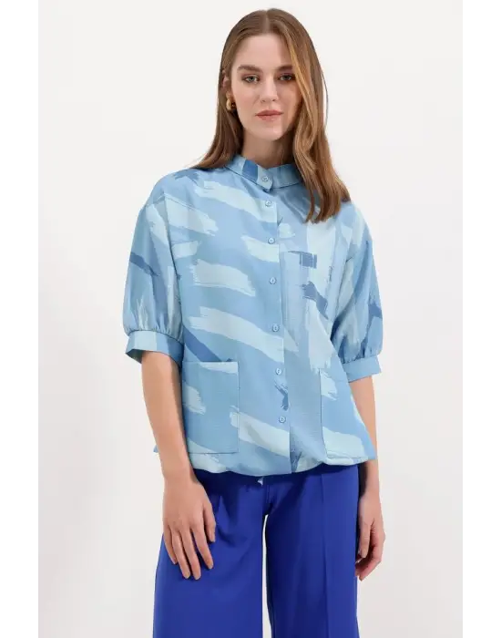 20226 Desenli Oversize Gömlek - Mavi