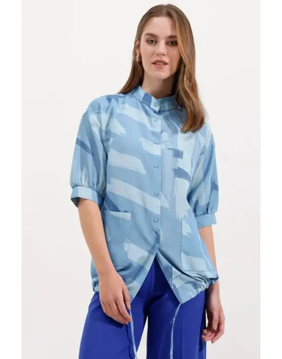 20226 Desenli Oversize Gömlek - Mavi