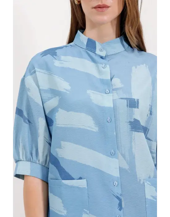 20226 Desenli Oversize Gömlek - Mavi