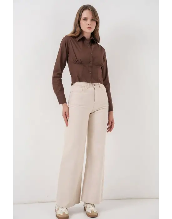 20231 Slim Fit Poplin Gömlek - Kahverengi