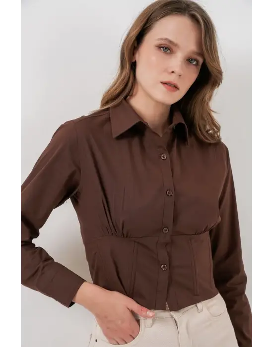 20231 Slim Fit Poplin Gömlek - Kahverengi