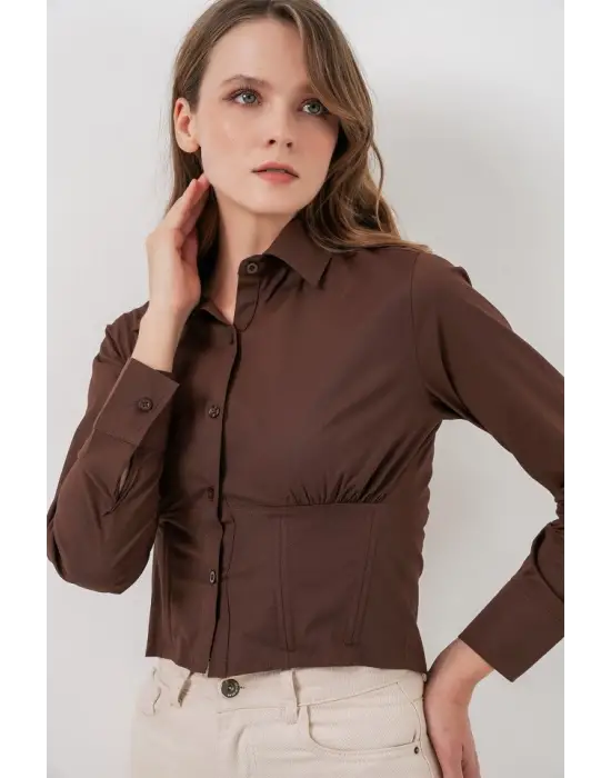 20231 Slim Fit Poplin Gömlek - Kahverengi