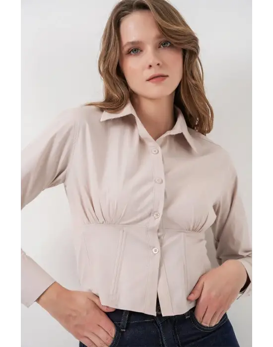 20231 Slim Fit Poplin Gömlek - Krem