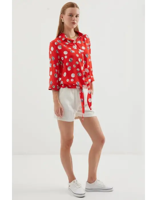 20243 Önü Bağlamalı Desenli Gömlek - Kırmızı