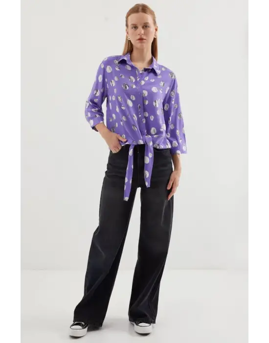 20243 Önü Bağlamalı Desenli Gömlek - Lila