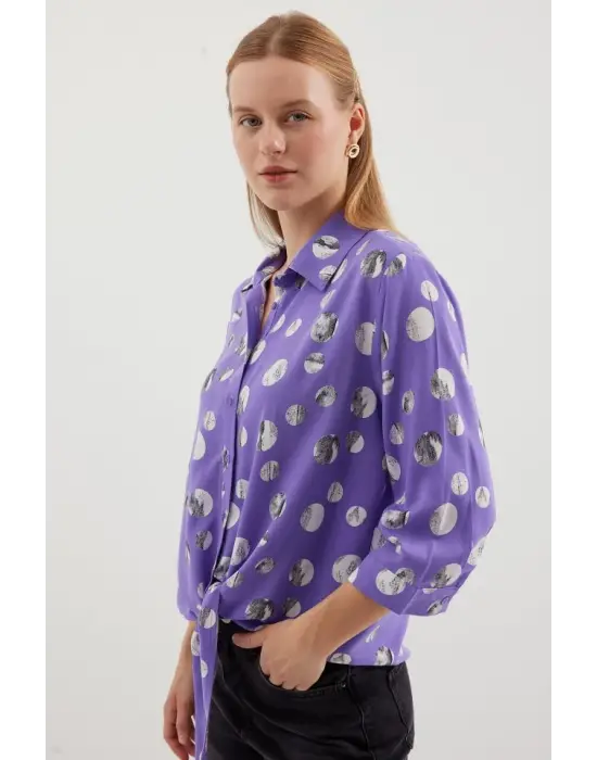 20243 Önü Bağlamalı Desenli Gömlek - Lila