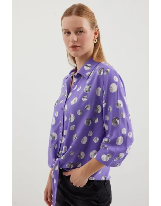 20243 Önü Bağlamalı Desenli Gömlek - Lila