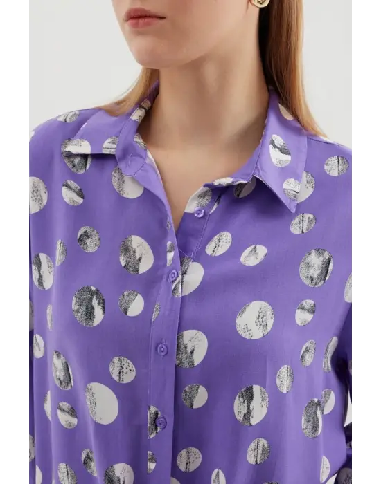 20243 Önü Bağlamalı Desenli Gömlek - Lila