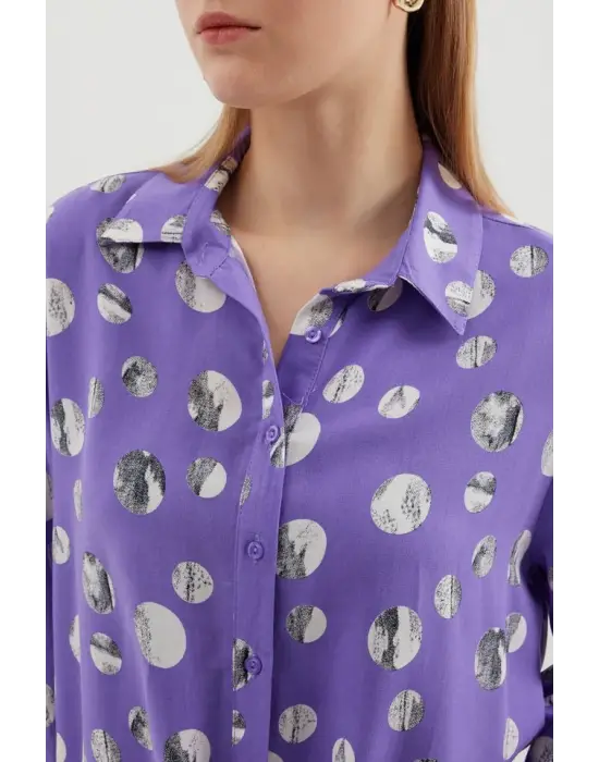20243 Önü Bağlamalı Desenli Gömlek - Lila