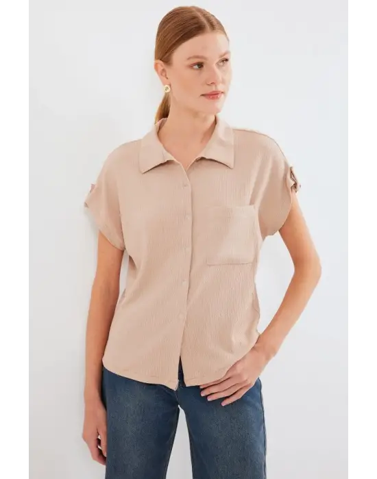 20256 Manşetli Double Kısa Kollu Gömlek - Bisküvi