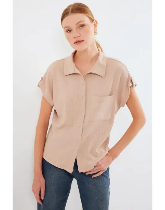 20256 Manşetli Double Kısa Kollu Gömlek - Bisküvi
