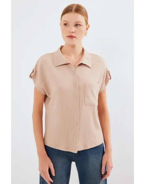 20256 Manşetli Double Kısa Kollu Gömlek - Bisküvi