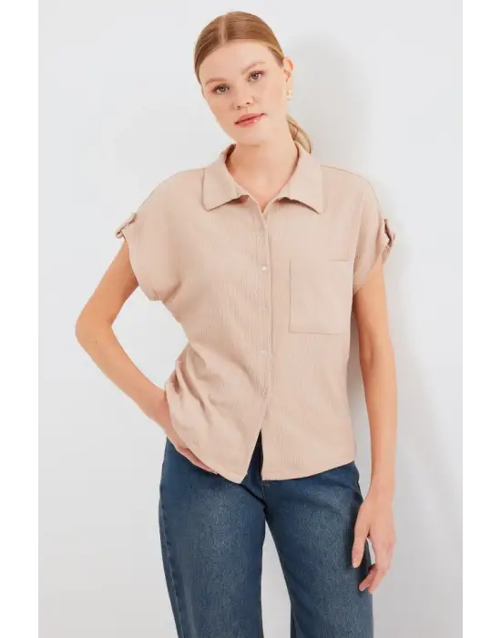 20256 Manşetli Double Kısa Kollu Gömlek - Bisküvi