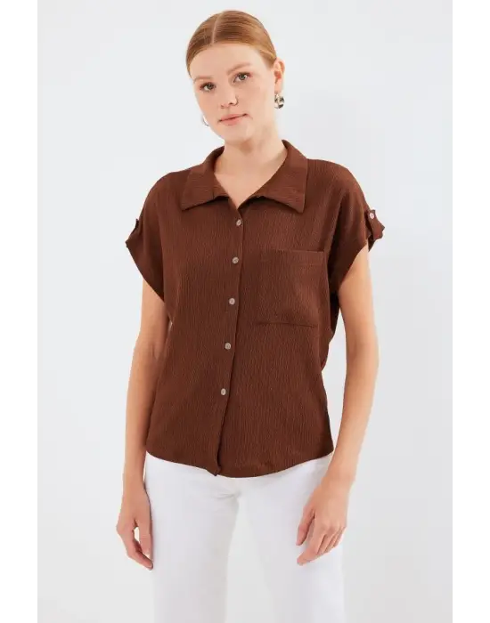 20256 Manşetli Double Kısa Kollu Gömlek - Kahverengi