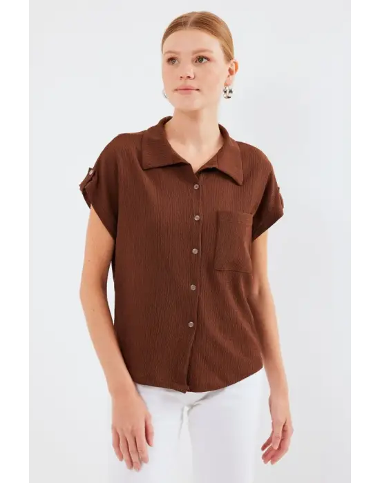 20256 Manşetli Double Kısa Kollu Gömlek - Kahverengi