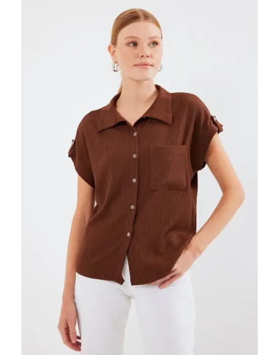 20256 Manşetli Double Kısa Kollu Gömlek - Kahverengi