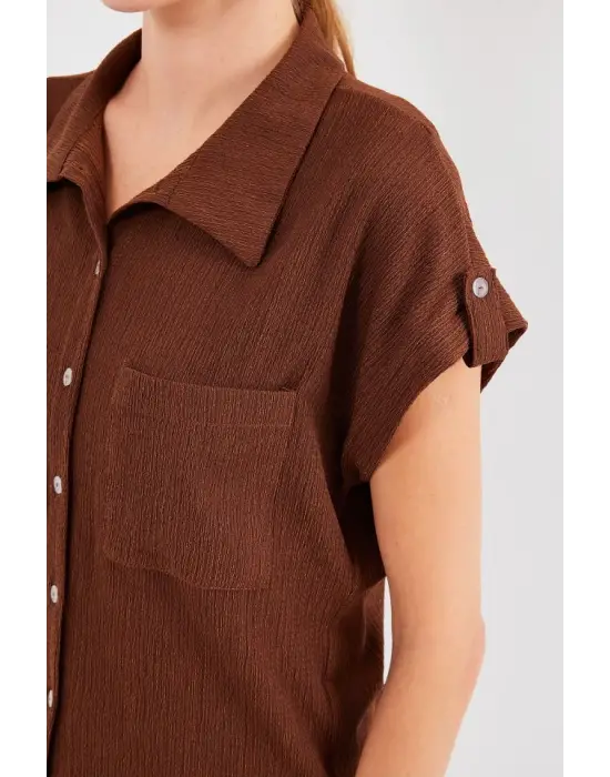 20256 Manşetli Double Kısa Kollu Gömlek - Kahverengi