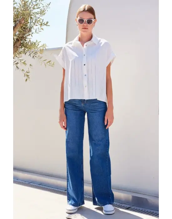 20262 Kısa Kol Çizgili Gömlek - Beyaz